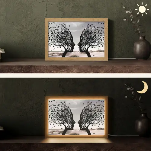 Bomen - Gezicht - Bladeren - Moderne kunst Light Box met kabel (Tafellamp) klein -sfeer3