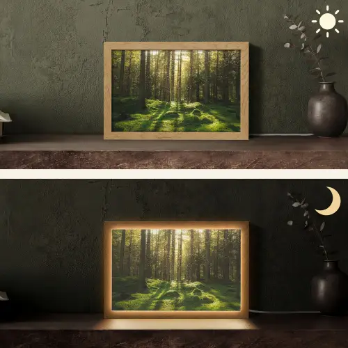 Bomen - Bos - Mos - Planten - Zon - Natuur Light Box met kabel (Tafellamp) klein -sfeer3
