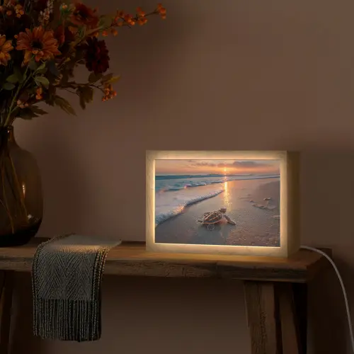 Schildpad - strand - Zonsondergang Light Box met kabel (Tafellamp) klein -sfeer4