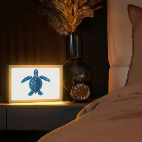 Schildpad - Blauw - Schild Light Box met kabel (Tafellamp) klein -sfeer1