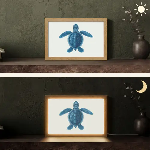 Schildpad - Blauw - Schild Light Box met kabel (Tafellamp) klein -sfeer3
