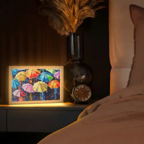 Paraplu's - Schilderij - Kunst - Regenboog Light Box met kabel (Tafellamp) klein -sfeer1