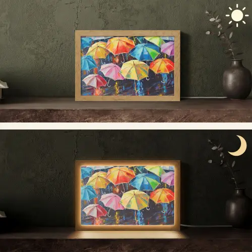 Paraplu's - Schilderij - Kunst - Regenboog Light Box met kabel (Tafellamp) klein -sfeer3