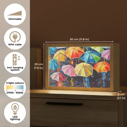 Paraplu's - Schilderij - Kunst - Regenboog Light Box met kabel (Tafellamp) klein -USP_EN