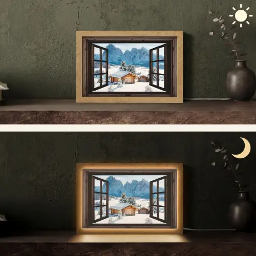 Doorkijk - Winter - Landschap - Huisje - Bergen Light Box met kabel (Tafellamp) klein -sfeer3