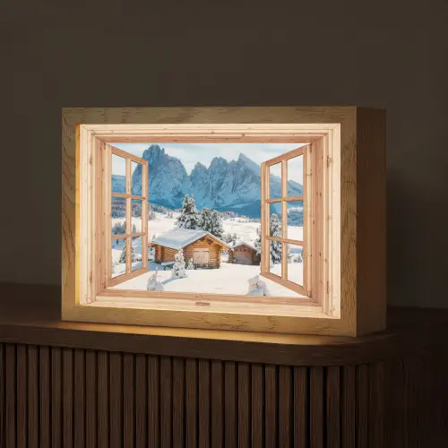 Doorkijk - Winterlandschap - Huisje - Bergen - Uitzicht Light Box met kabel (Tafellamp) klein -z3d_website