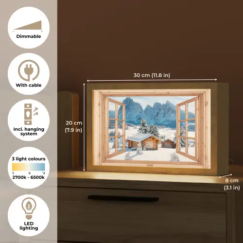 Doorkijk - Winterlandschap - Huisje - Bergen - Uitzicht Light Box met kabel (Tafellamp) klein -USP_EN