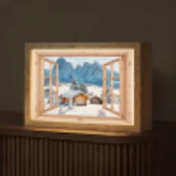 Doorkijk - Winterlandschap - Huisje - Bergen - Uitzicht Light Box met kabel (Tafellamp) klein -z3d_website