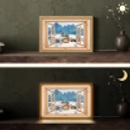 Doorkijk - Winterlandschap - Huisje - Bergen - Uitzicht Light Box met kabel (Tafellamp) klein -sfeer3