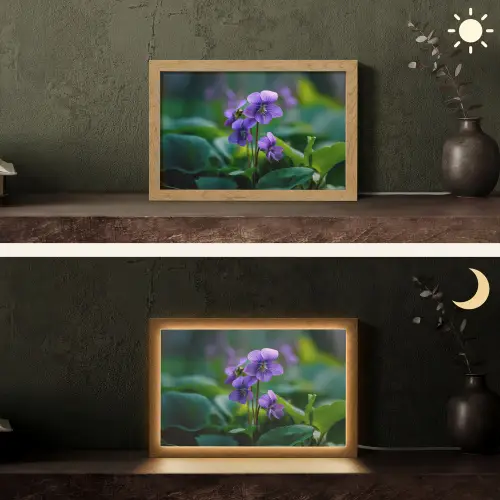 Viooltjes - Paars - Bloem - Bladeren Light Box met kabel (Tafellamp) klein -sfeer3