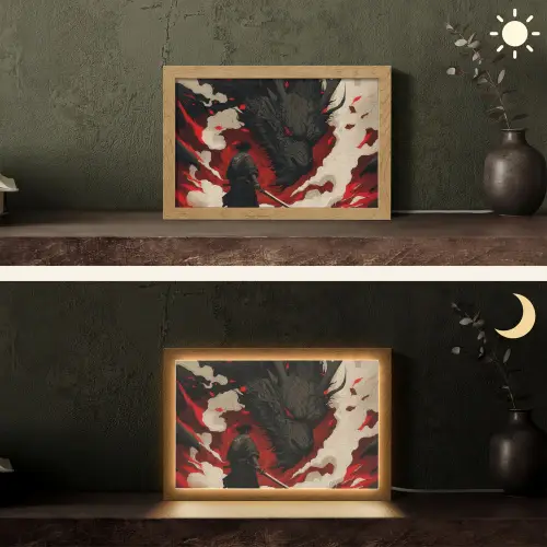 Krijger - Draak - Zwart - Rood - Rook Light Box met kabel (Tafellamp) klein -sfeer3