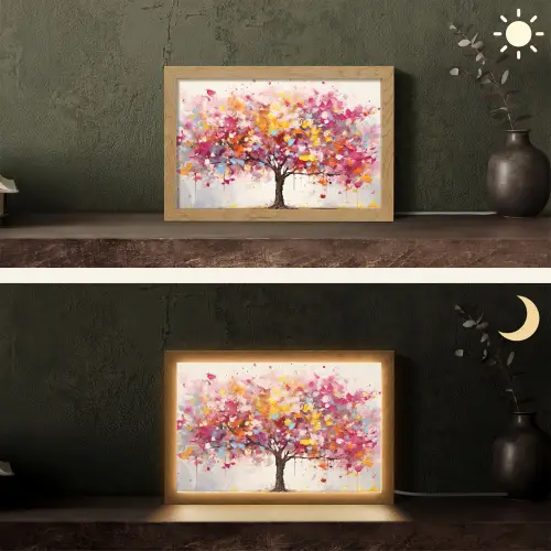 Aquarel - Boom - Kunst - Abstract Light Box met kabel (Tafellamp) klein -sfeer3