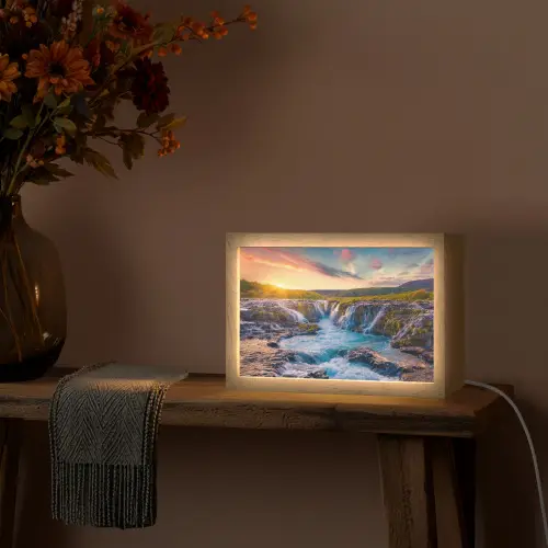 Waterval - Planten - Mos - Landschap - Zonsondergang - Rots Light Box met kabel (Tafellamp) klein -sfeer4