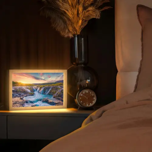 Waterval - Planten - Mos - Landschap - Zonsondergang - Rots Light Box met kabel (Tafellamp) klein -sfeer1
