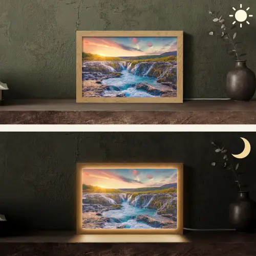 Waterval - Planten - Mos - Landschap - Zonsondergang - Rots Light Box met kabel (Tafellamp) klein -sfeer3