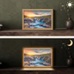 Waterval - Planten - Mos - Landschap - Zonsondergang - Rots Light Box met kabel (Tafellamp) klein -sfeer3