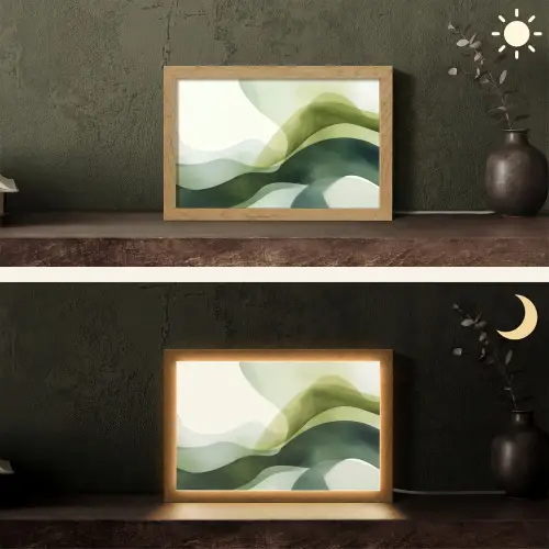 Golven - Abstract - Lichtgroen - Sierlijk Light Box met kabel (Tafellamp) klein -sfeer3