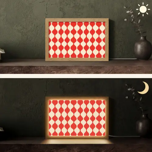 Golvend patroon - Retro - Rood - Beige Light Box met kabel (Tafellamp) klein 924 -sfeer3