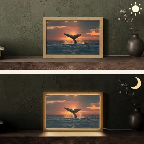 Walvis staart - Water - Zonsondergang Light Box met kabel (Tafellamp) klein -sfeer3