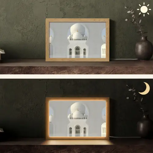 Witte koepel - Gouden Details - Moskee Light Box met kabel (Tafellamp) klein -sfeer3