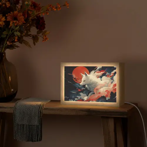 Witte vos - wolken - maan Light Box met kabel (Tafellamp) klein -sfeer4