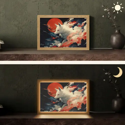 Witte vos - wolken - maan Light Box met kabel (Tafellamp) klein -sfeer3