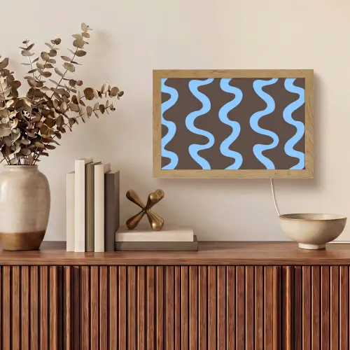 Kronkelende lijnen - Blauw - Bruin - Minimalistisch Light Box met kabel (Tafellamp) klein 924 -sfeer2