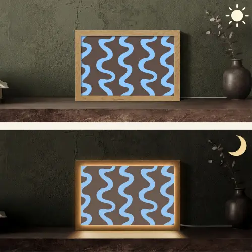 Kronkelende lijnen - Blauw - Bruin - Minimalistisch Light Box met kabel (Tafellamp) klein 924 -sfeer3