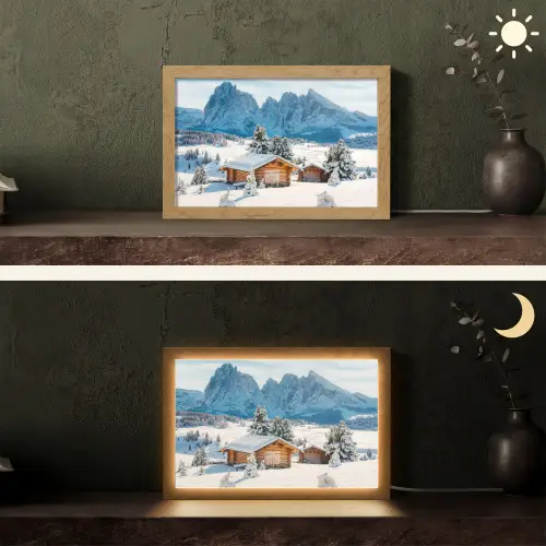 Winter - Huisje - Bergen - Uitzicht - Sneeuw Light Box met kabel (Tafellamp) klein -sfeer3