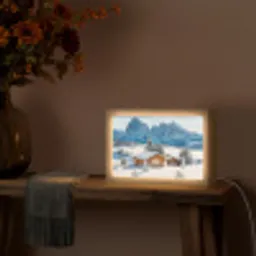 Winter - Huisje - Bergen - Uitzicht - Sneeuw Light Box met kabel (Tafellamp) klein -sfeer4