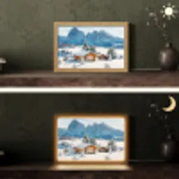Winter - Huisje - Bergen - Uitzicht - Sneeuw Light Box met kabel (Tafellamp) klein -sfeer3