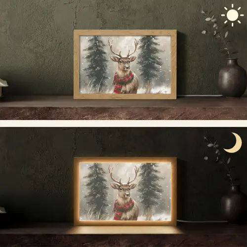 Winter - Bos - Rendier - Donker Light Box met kabel (Tafellamp) klein -sfeer3