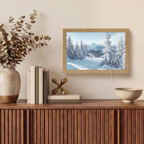 Winterlandschap - Natuur - Berg - Bomen - Sneeuw Light Box met kabel (Tafellamp) klein -sfeer2