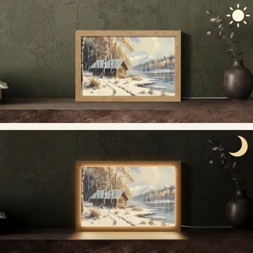 Winter - Sneeuw - Huis - Natuur Light Box met kabel (Tafellamp) klein -sfeer3