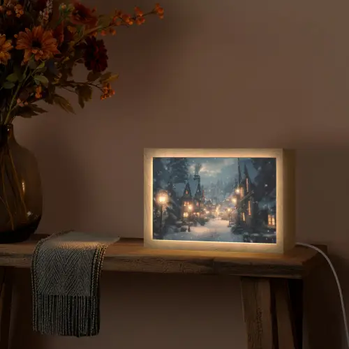 Winterdorp - Sneeuw - Donker Light Box met kabel (Tafellamp) klein -sfeer4