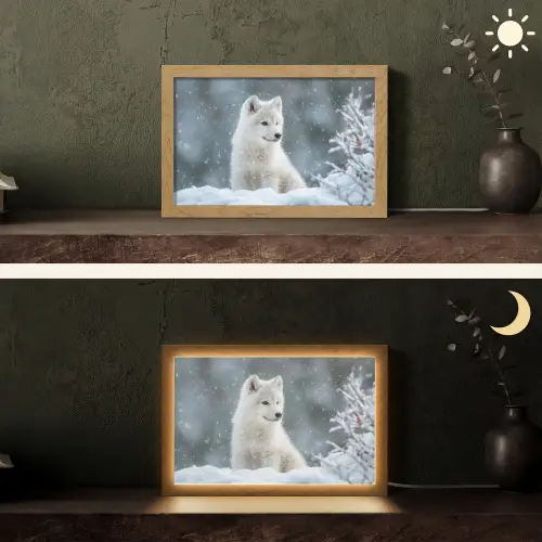 Wolf - Pup - Sneeuw Light Box met kabel (Tafellamp) klein -sfeer3
