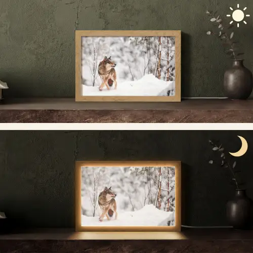 Wolf - Winter - Sneeuw - Natuur - Dieren Light Box met kabel (Tafellamp) klein -sfeer3