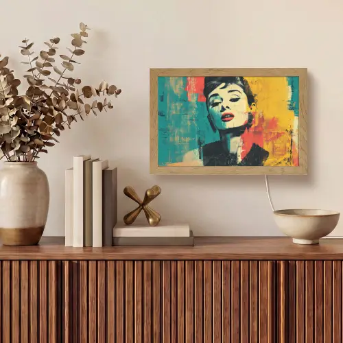 Vrouw - Rode lippen - Expressief - Grafisch Light Box met kabel (Tafellamp) klein -sfeer2