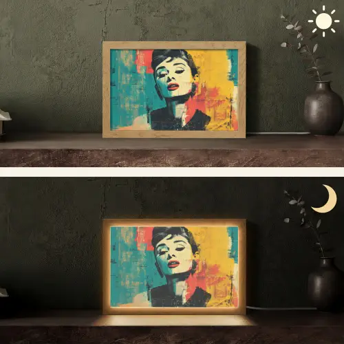 Vrouw - Rode lippen - Expressief - Grafisch Light Box met kabel (Tafellamp) klein -sfeer3