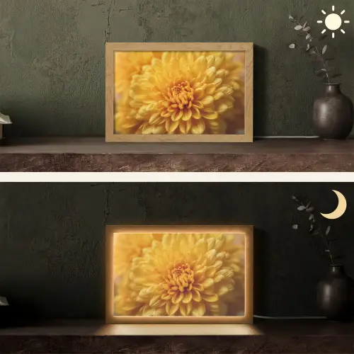 Geel - Chrysant - Zachtheid Light Box met kabel (Tafellamp) klein -sfeer3