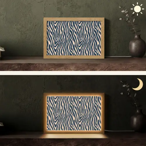 Zebra - Patroon - Blauw - Beige Light Box met kabel (Tafellamp) klein 924 -sfeer3