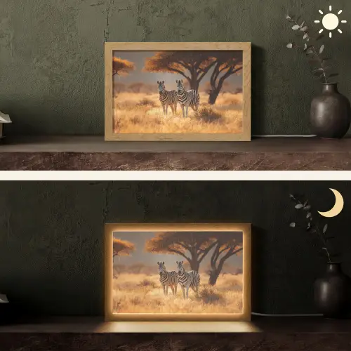 Zebra's - Savannelandschap - Gras Light Box met kabel (Tafellamp) klein -sfeer3