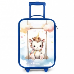 Witte baby eenhoorn op een schommel in de wolken Kinderkoffer - Blauw klein -3d