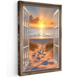 Doorkijk - Strand - Duinen - Zonsondergang Tuinposter op houten frame 2 cm dik klein -3d