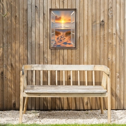 Doorkijk - Strand - Duinen - Zonsondergang Tuinposter op houten frame 2 cm dik klein -sfeer4