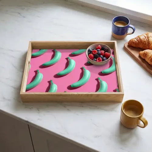 Bananen - Patroon - Blauw - Roze Dienblad Rechthoek middel -sfeer2