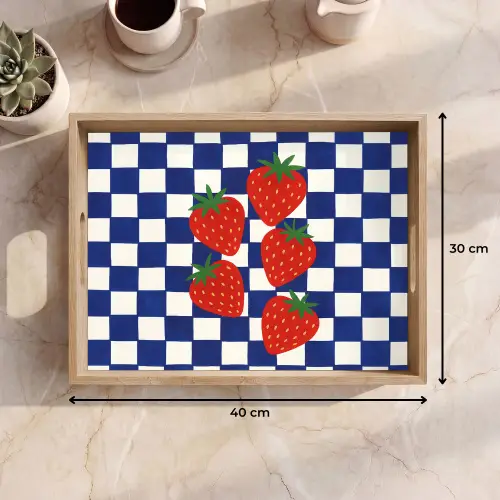 Geblokt - Blauw - Aardbeien Dienblad Rechthoek middel -USP_Formaat