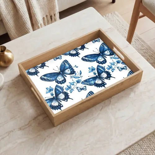 Blauw - Vlinders - Bloemen - Wit Dienblad Rechthoek middel 911 -sfeer1