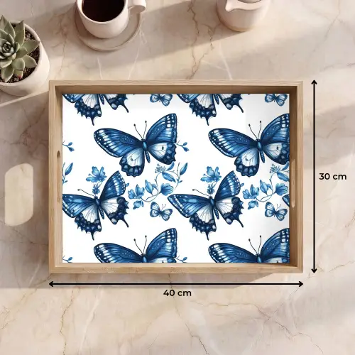 Blauw - Vlinders - Bloemen - Wit Dienblad Rechthoek middel 911 -USP_Formaat