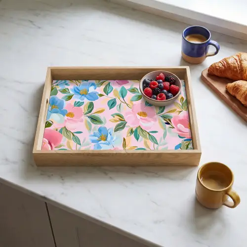 Blauw - Roze - Bloemen Dienblad Rechthoek middel -sfeer2